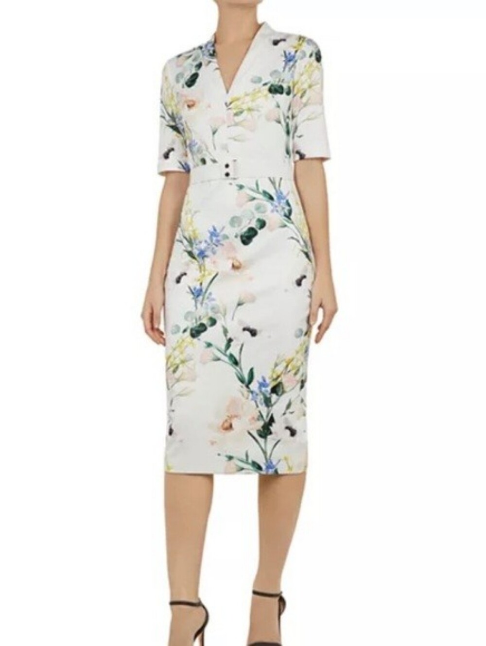 Ted Baker White Floral Midi Dress with Belt